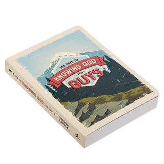 Book titled '365 Days to Knowing God for Guys' with a mountain design on the cover.