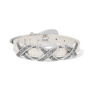 White Italian leather bracelet with silver-plated crisscross chain links and engraved scrollwork detail