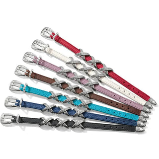 Seven assorted color Brighton leather bracelets fanned out showing silver-plated etched chain links