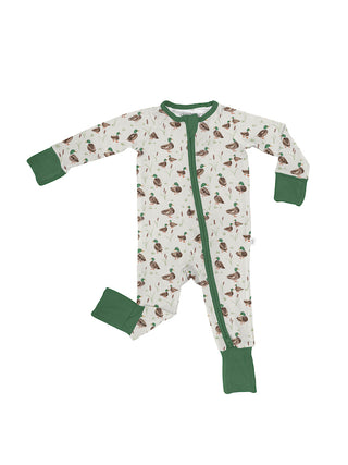 Baby zippy pajamas with mallard duck print and green cuffs on white fabric