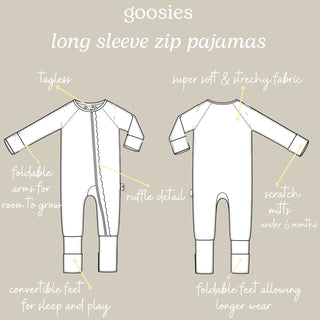 Goosies teal zip pajamas with ruffle detail, foldable feet, and convertible scratch mitts