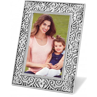 Brighton Lacie Daisy silver ornate picture frame displayed with mother and daughter photo