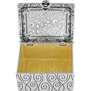 Brighton Lacie Daisy silver jewel box open showing yellow velvet interior lining