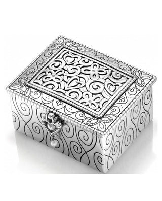 Brighton Lacie Daisy silver jewel box with ornate filigree lid and scroll engravings