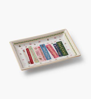 Rifle Paper Co. porcelain catchall tray featuring classic literary book titles with gold trim border