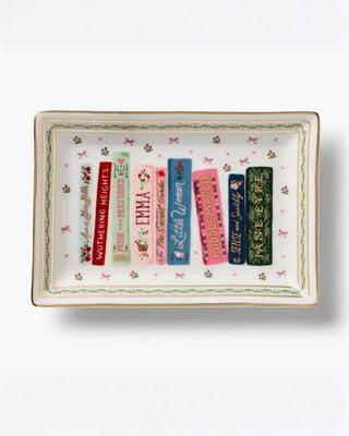 Rifle Paper Co. porcelain catchall tray featuring classic literary book spines with gold trim border