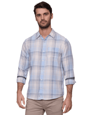 Male model wearing Flag and Anthem Ladonia long sleeve plaid shirt in light blue and white