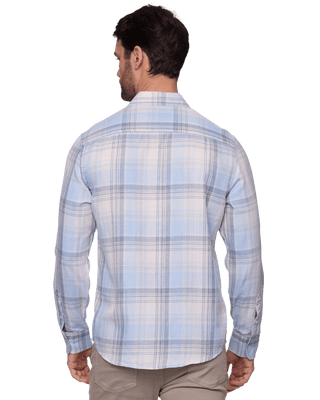 Back view of man wearing Flag and Anthem Ladonia long sleeve plaid shirt in light blue and cream