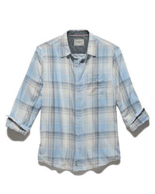 Flag and Anthem Ladonia long sleeve plaid shirt in light blue and cream tones with rolled cuffs