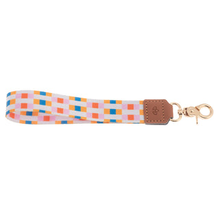 Karma multi checkered wrist lanyard keychain with gold lobster clasp and brown leather tab
