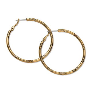 1.75 inch gold plated statement hoops featuring decorative black scrollwork and secure latch