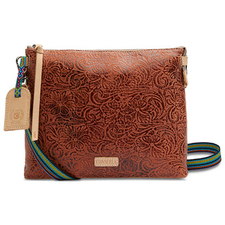 Consuela Large Tool Kit in Bae cognac brown tooled leather crossbody bag with colorful strap