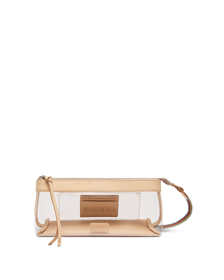 Consuela Large Tool Kit in Bae, clear vinyl clutch with tan leather trim and rainbow wristlet strap