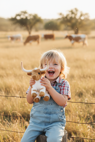 Child holding Larryy the Texas Longhorn plush outdoors