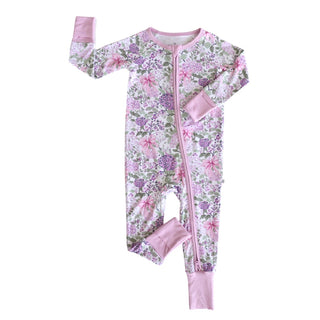 Flat lay convertible double zipper baby romper with ribbed cuffs and floral pattern