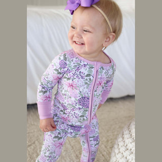 Full-length lavender floral romper with prominent front zipper casual home use styling
