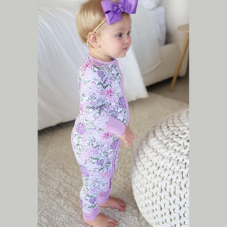 Convertible zip baby romper lavender trim front zipper closure toddler profile fit