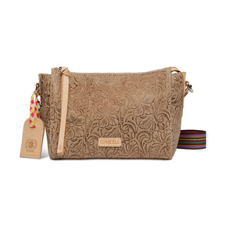 Brown leather handbag with floral patterns and a colorful strap 