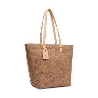 Brown embossed tote bag with beige handle 