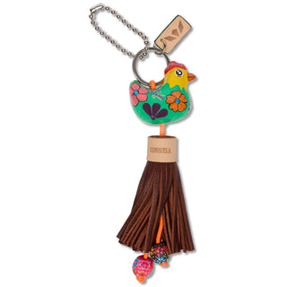 Consuela Charm Lennie keychain with painted green bird, brown leather tassel, and decorative beads