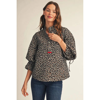 Jodifl leopard jacquard button-up top with 3/4 sleeves and red accent detail