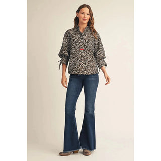 Jodifl leopard jacquard button-up top with puff sleeves and tie cuffs