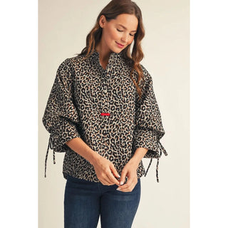 Jodifl leopard jacquard button-up top with puffed sleeves and drawstring cuffs
