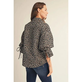 Jodifl leopard jacquard button-up blouse with ruched tie sleeves, back view
