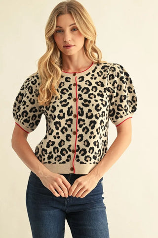 Jodifl taupe leopard print short puff sleeve button-front knit cardigan sweater