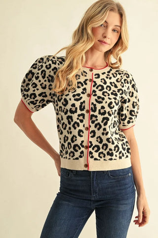 Jodifl taupe leopard print short puff sleeve button-front knit cardigan sweater