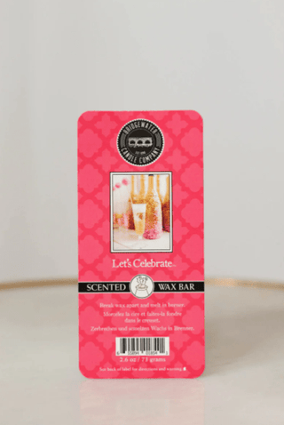 Back of Bridgewater Candle Company Let's Celebrate scented wax bar packaging in pink.