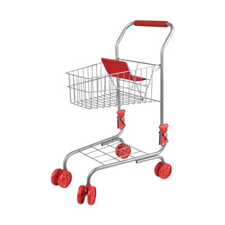Front angle of red and silver metal toy cart showing symmetrical wire basket design
