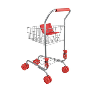 Full view of red and silver metal toy shopping cart with foldable seat and lower shelf