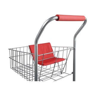 Red fabric folding seat and ribbed foam handle on silver metal toy shopping cart
