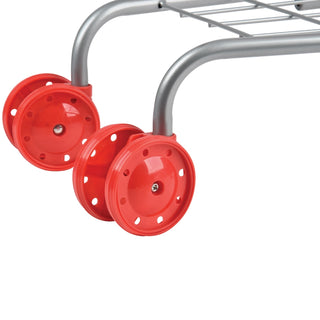 Close-up of red dual plastic wheels with pivot joints on metal cart frame