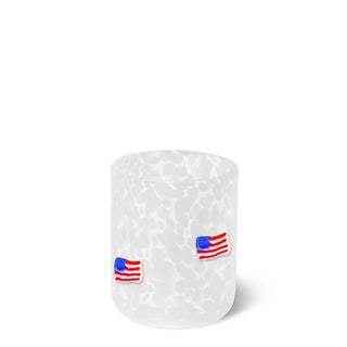 White cylindrical container with American flag stickers 