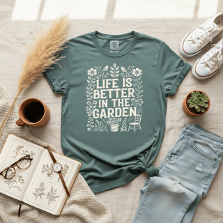 Light green Comfort Colors women's tee with Life is Better in the Garden floral graphic styled flat lay