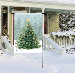 Light the Tree garden flag displayed on black metal stake in snowy front yard setting