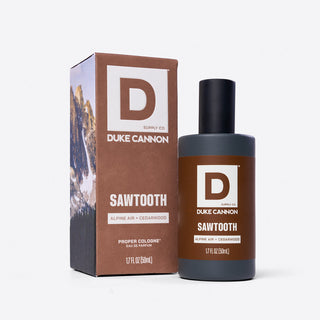 Duke Cannon Sawtooth Eau de Parfum cologne bottle with box, Alpine Air and Cedarwood scent, 1.7 fl oz