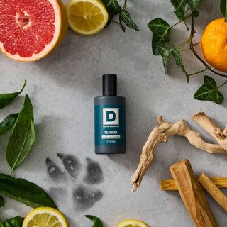 Duke Cannon Seawolf cologne bottle surrounded by citrus, ginger, driftwood, and ivy on gray surface