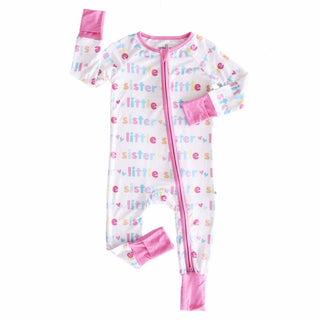 Caden Lane white bamboo viscose Little Sister romper flat lay with pink zipper detail