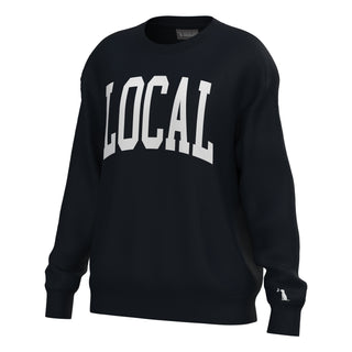 Local Girl Crescent Crew black sweatshirt with white LOCAL collegiate arch lettering and dog logo