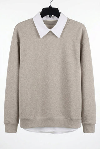 Heather beige crew neck sweatshirt with layered white collared shirt detail