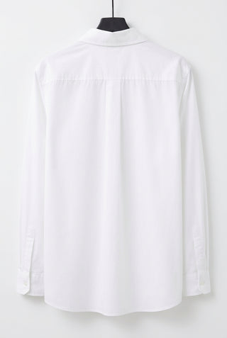 Vine & Love white long sleeve basic button down shirt, back view