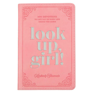 Pink faux leather devotional cover with silver foil title and corner scrolls