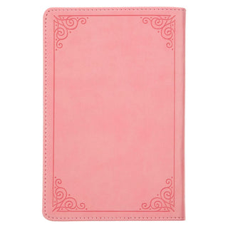 Pink faux leather devotional back cover with embossed corner scrollwork frame