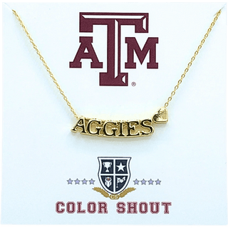 Gold necklace with 'AGGIES' pendant and Texas A&M logo 