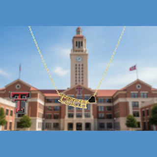 Gold necklace with 'TECH' pendant on a white background with Texas Tech logo.