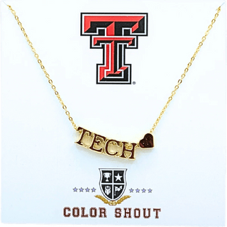 Texas Tech gold bar necklace with textured brown heart pendant