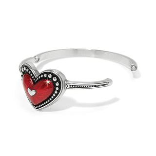 Brighton Love Me Do hinged bangle in silver with red enamel heart centerpiece and beaded detailing